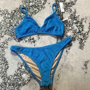 J Crew Swimset Bikini Womens Size Large Blue Turquise 2 Piece Terry Cloth